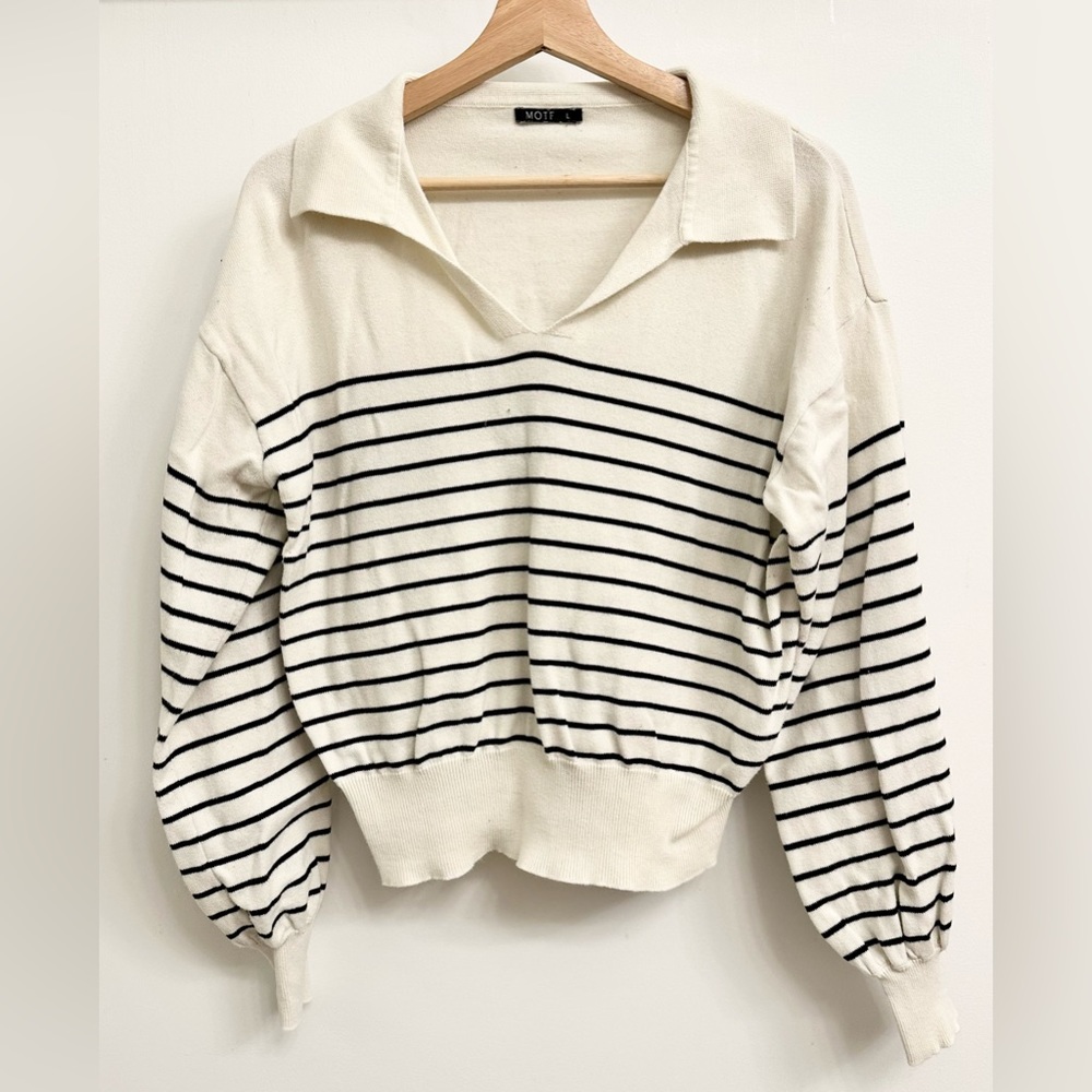 Size L collared MOTF sweater, black and white striped